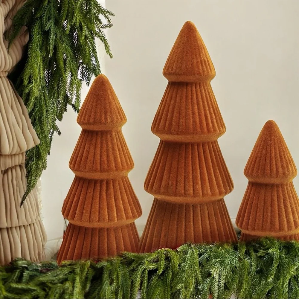 NEW West Elm XL Orange Boho Velvet Christmas Tree Set of 3 Holiday Mantle Decor